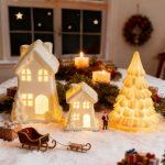 3-piece ceramic light-up Christmas village set (white porcelain houses and trees)—illuminated tabletop decor