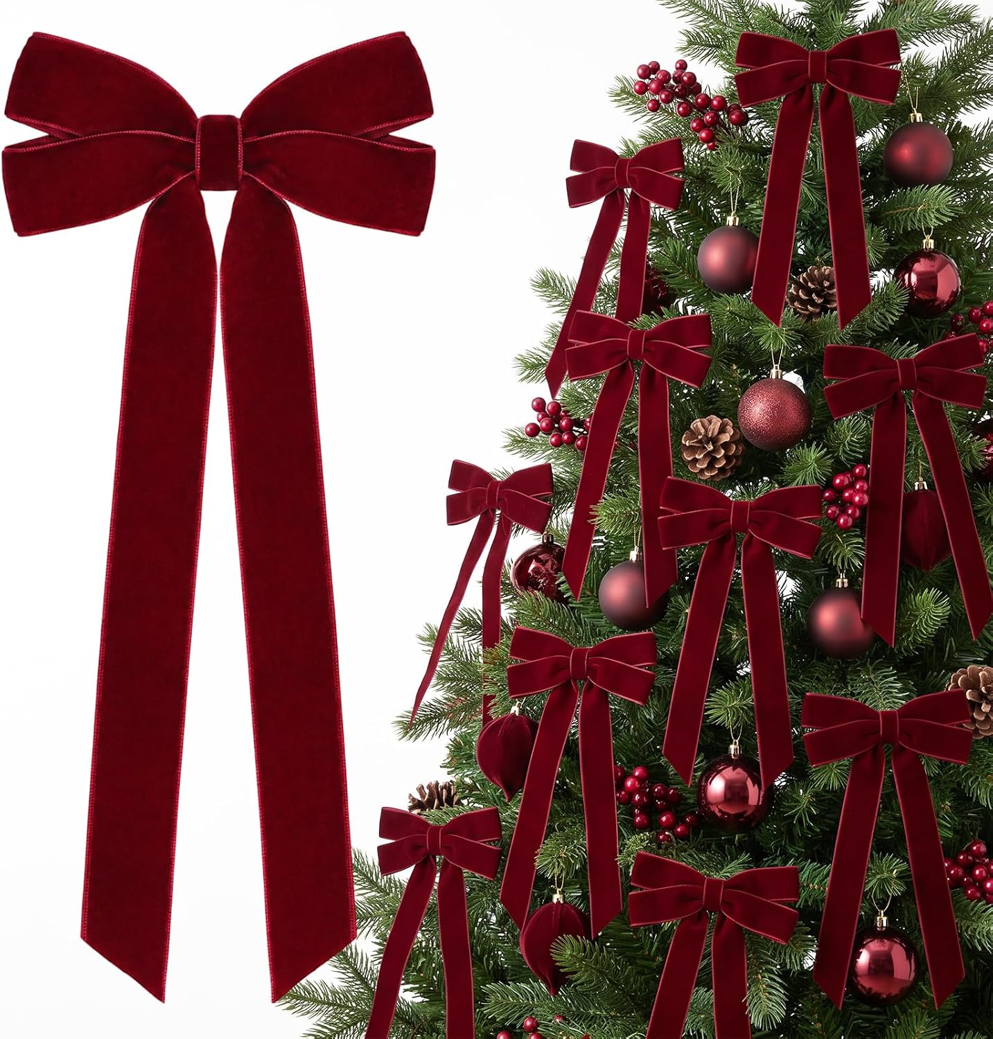 81AD4L5htmL._AC_SL1500_.jpg Set of 12 burgundy velvet bows (5" x 10") for Christmas trees, home parties, wreaths, and holiday decor - Image 1