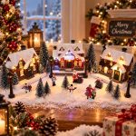 Light-up Christmas village set with houses and figurines—perfect for tabletop or fireplace holiday displays