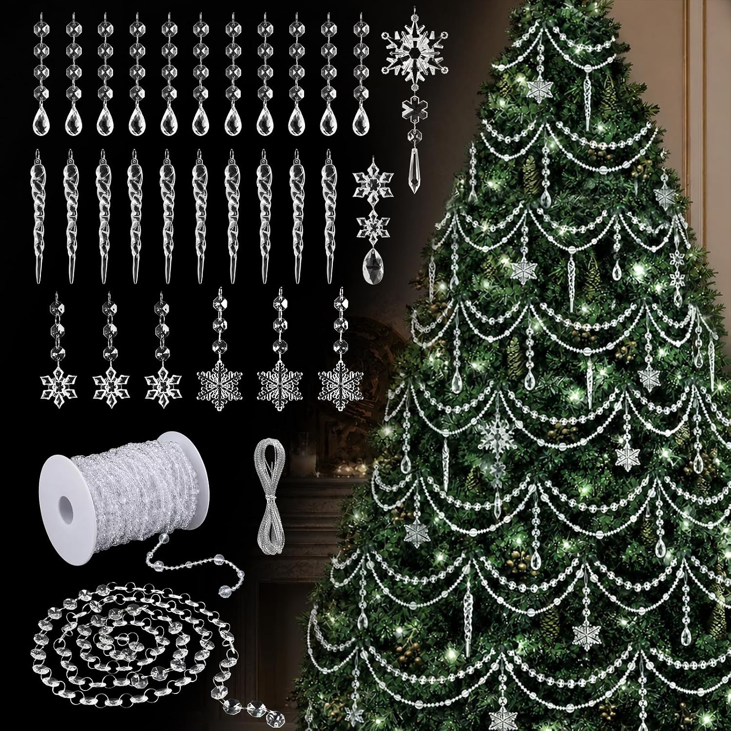 81BYdQHZZyL._AC_SL1500_.jpg Crystal-style Christmas tree decoration set (includes acrylic snowflake ornaments and beaded garlands) - Image 1