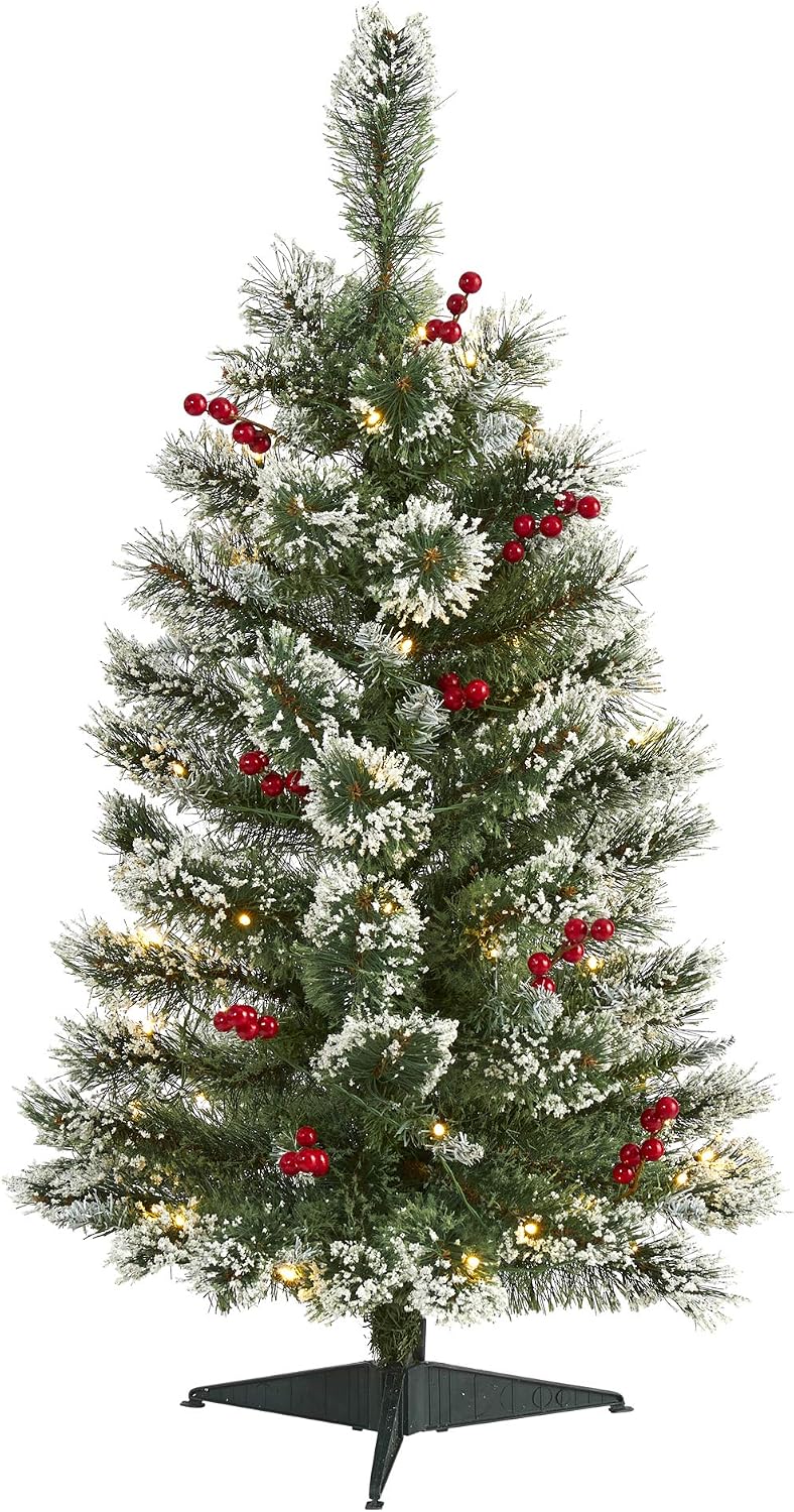81J5kxGSqjL._AC_SL1500_.jpg 3-foot frosted Swiss Pine artificial Christmas tree, decorated with clear LED lights and berries - Image 1
