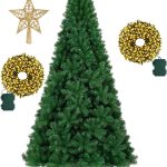 7.5-foot green spruce artificial Christmas tree, includes LED string lights and a tree-topper star