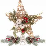 Wrought-iron star tree topper wrapped in twine, accented with bells—perfect for holiday decor in homes or offices