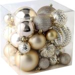 Set of 36 shatterproof Christmas baubles (in 6 styles and 3 sizes, champagne gold) for trees, weddings, and parties