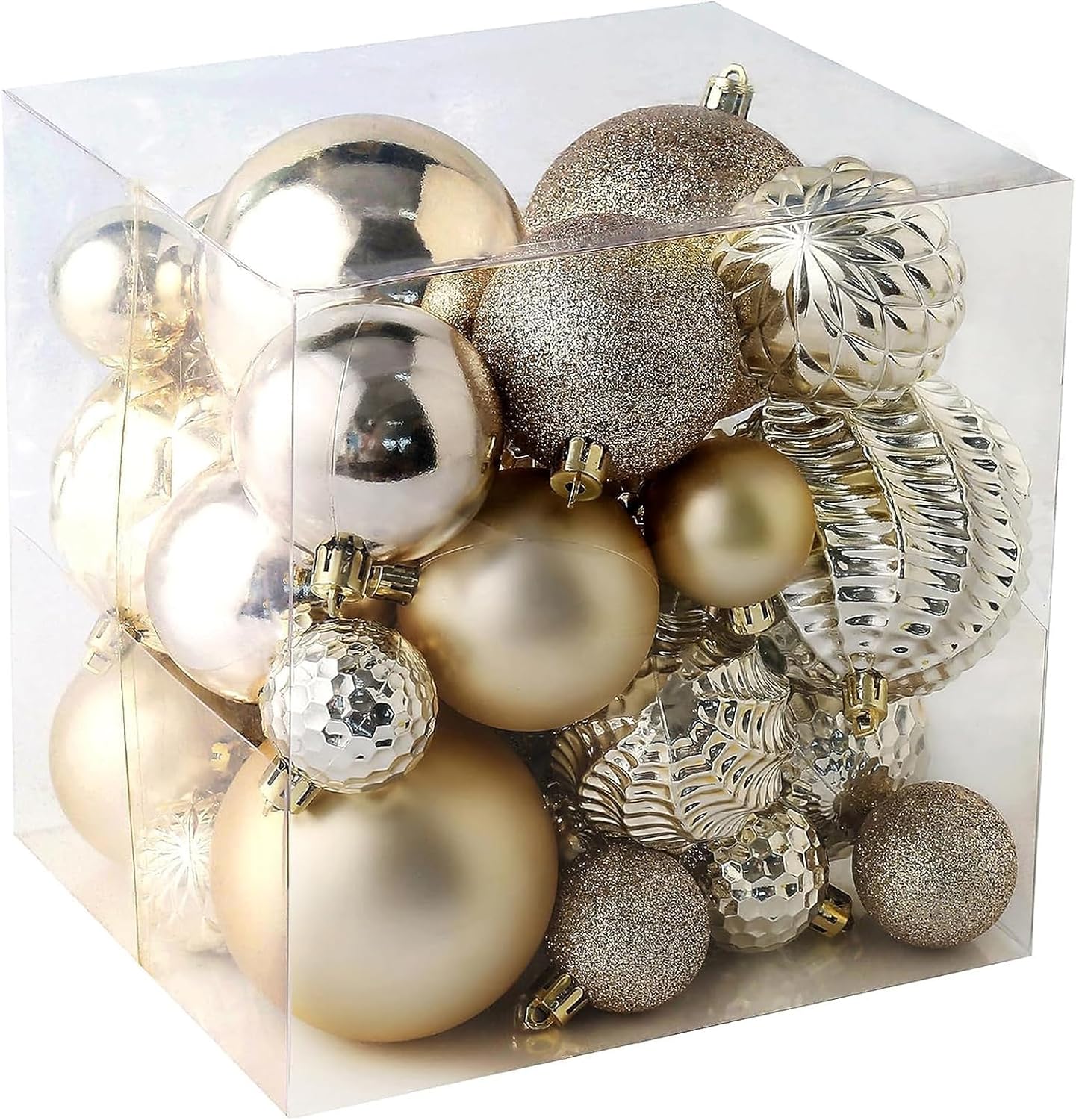 81WnabMR9BL._AC_SL1500_.jpg Set of 36 shatterproof Christmas baubles (in 6 styles and 3 sizes, champagne gold) for trees, weddings, and parties - Image 1