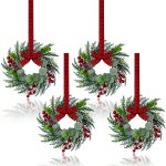 Set of 8 Mini Cedar Wreaths (25cm), featuring ribbons, bells, and a festive red design