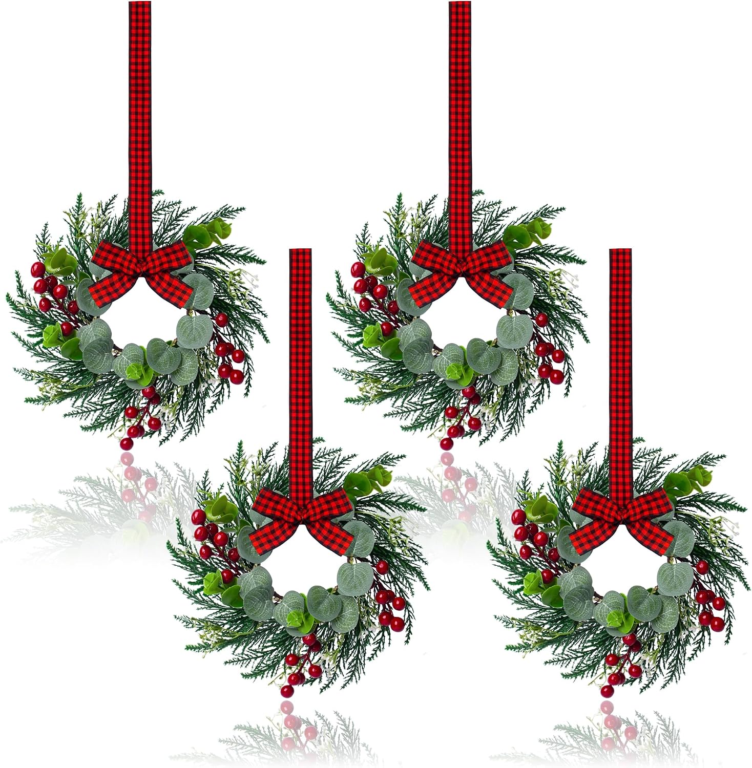 81Y5NaYAhL._AC_SL1500_.jpg Set of 8 Mini Cedar Wreaths (25cm), featuring ribbons, bells, and a festive red design - Image 1