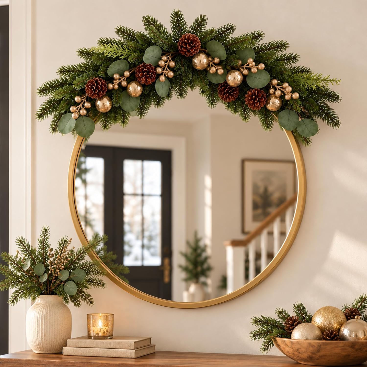 81c9YoSHWsL._AC_SL1500_.jpg 24-inch Norfolk Pine Christmas Wreath, featuring a velvet bow and bells - Image 1