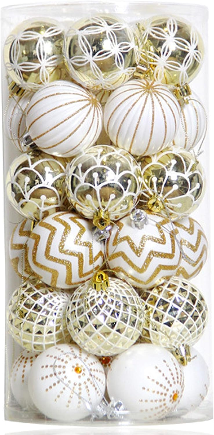 81h4Fvk7yxL._AC_SL1500_.jpg Set of 30 shatterproof Christmas baubles (60mm, gold and white painted designs) for weddings and holiday decor - Image 1