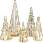 Set of 5 silver mercury glass tree-shaped ornaments with built-in LED lights and timers—ideal for tabletops or mantels
