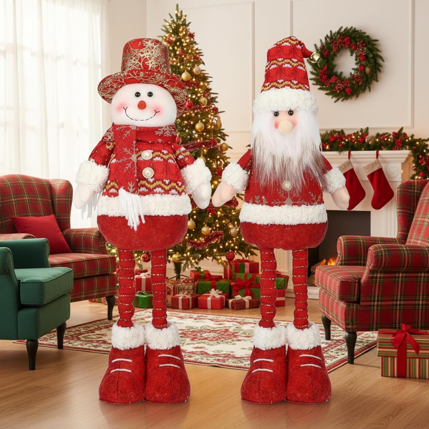 81xr2eYleL._AC_SL1500_.jpg 2-piece 24-inch extendable-leg plush figures (Santa and snowman)—ideal for fireplace or party decor - Image 1