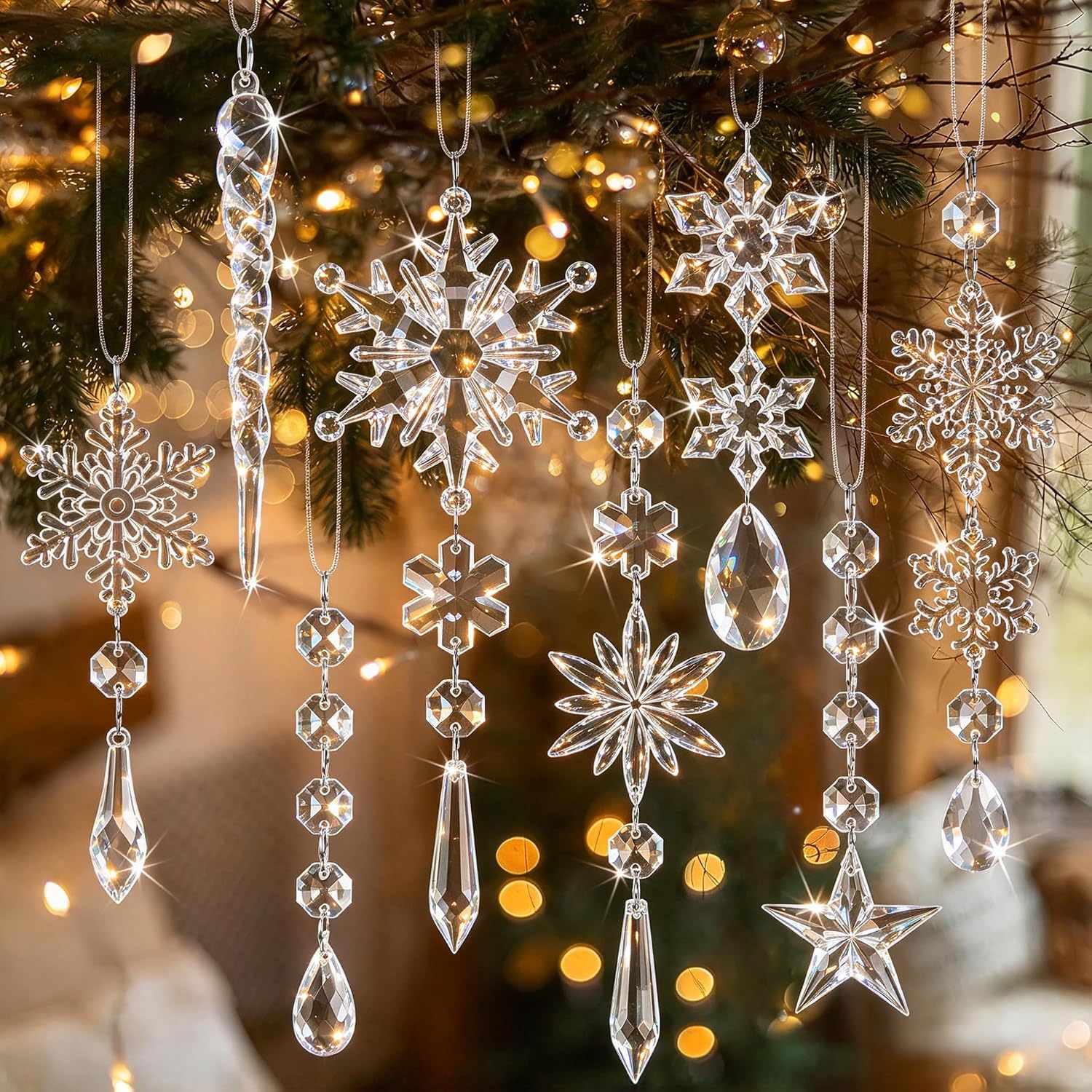 913sev0f53L._AC_SL1500_.jpg Set of 18 crystal-style Christmas ornaments—acrylic snowflakes and icicles—perfect for winter-themed decor or chandelier embellishments - Image 1