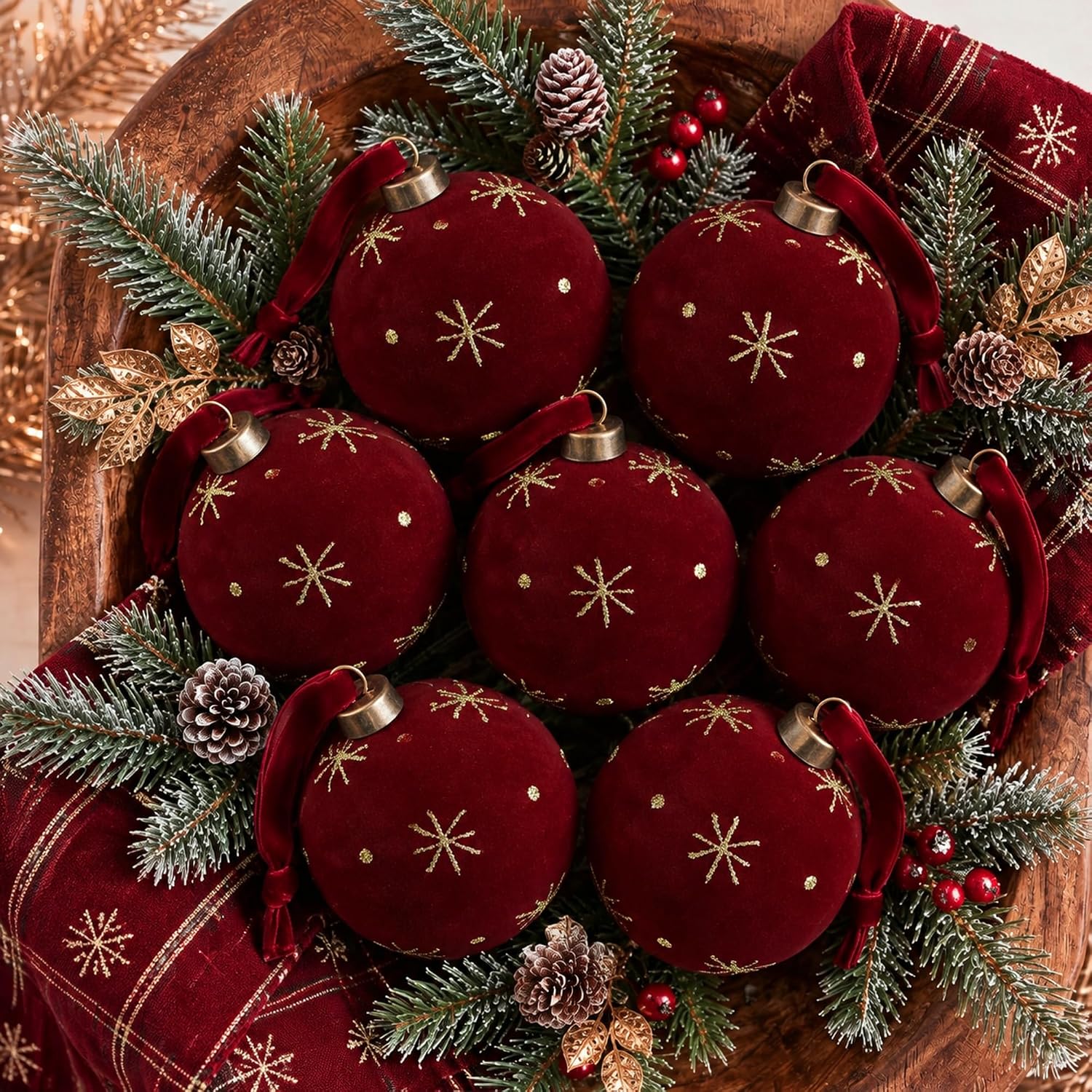 917Nn0mbrL._AC_SL1500_.jpg Set of 12 burgundy velvet-covered Christmas baubles with snowflake designs (2.36" diameter) - Image 1