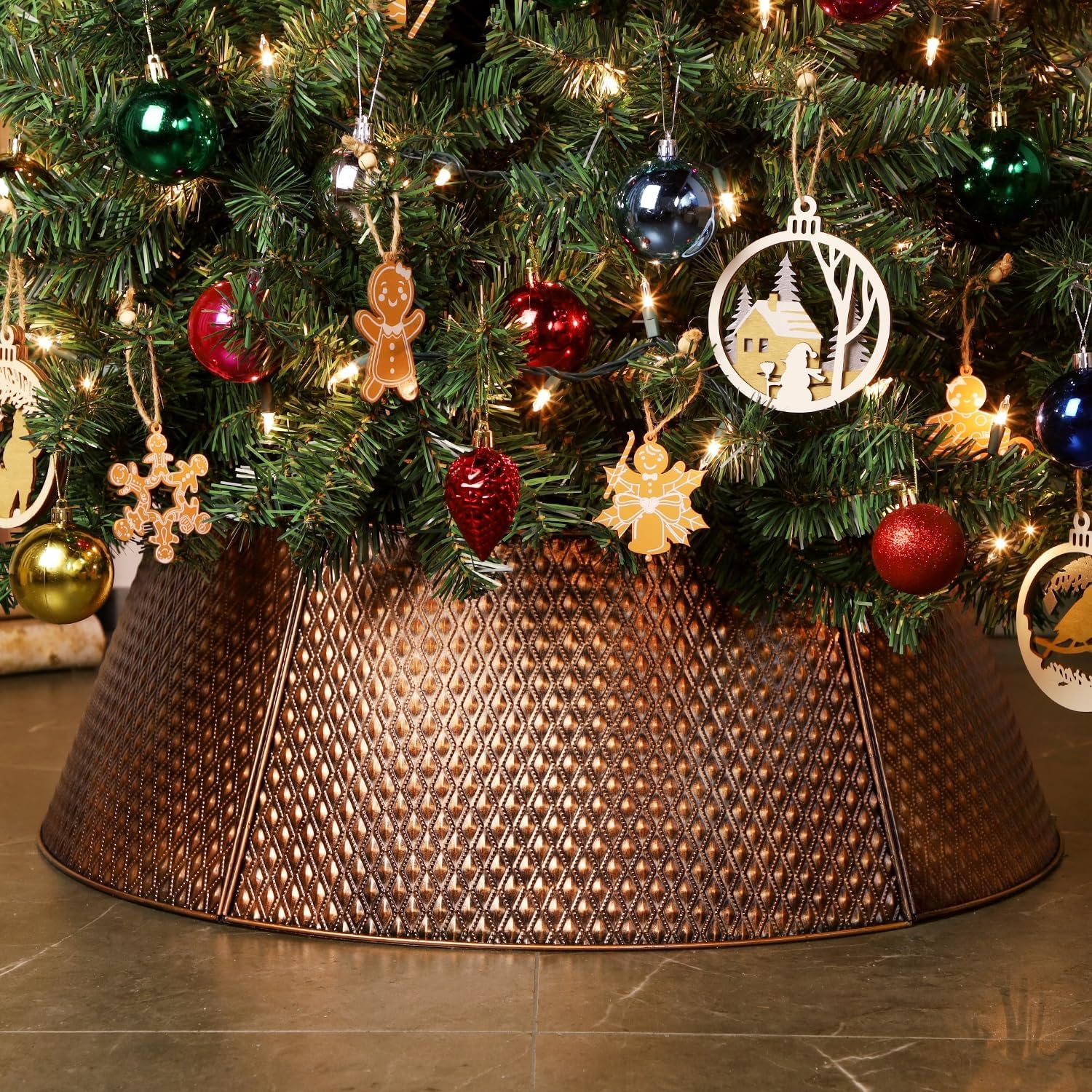 91aCHykm8L._AC_SL1500_.jpg Bronze-colored metal Christmas tree collar (tree skirt base cover) to conceal the stand and protect the tree base from pets - Image 1