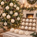 18 Set of handmade beige crocheted Christmas ornaments, featuring crocheted spheres and snowflake pendants in a vintage rustic style
