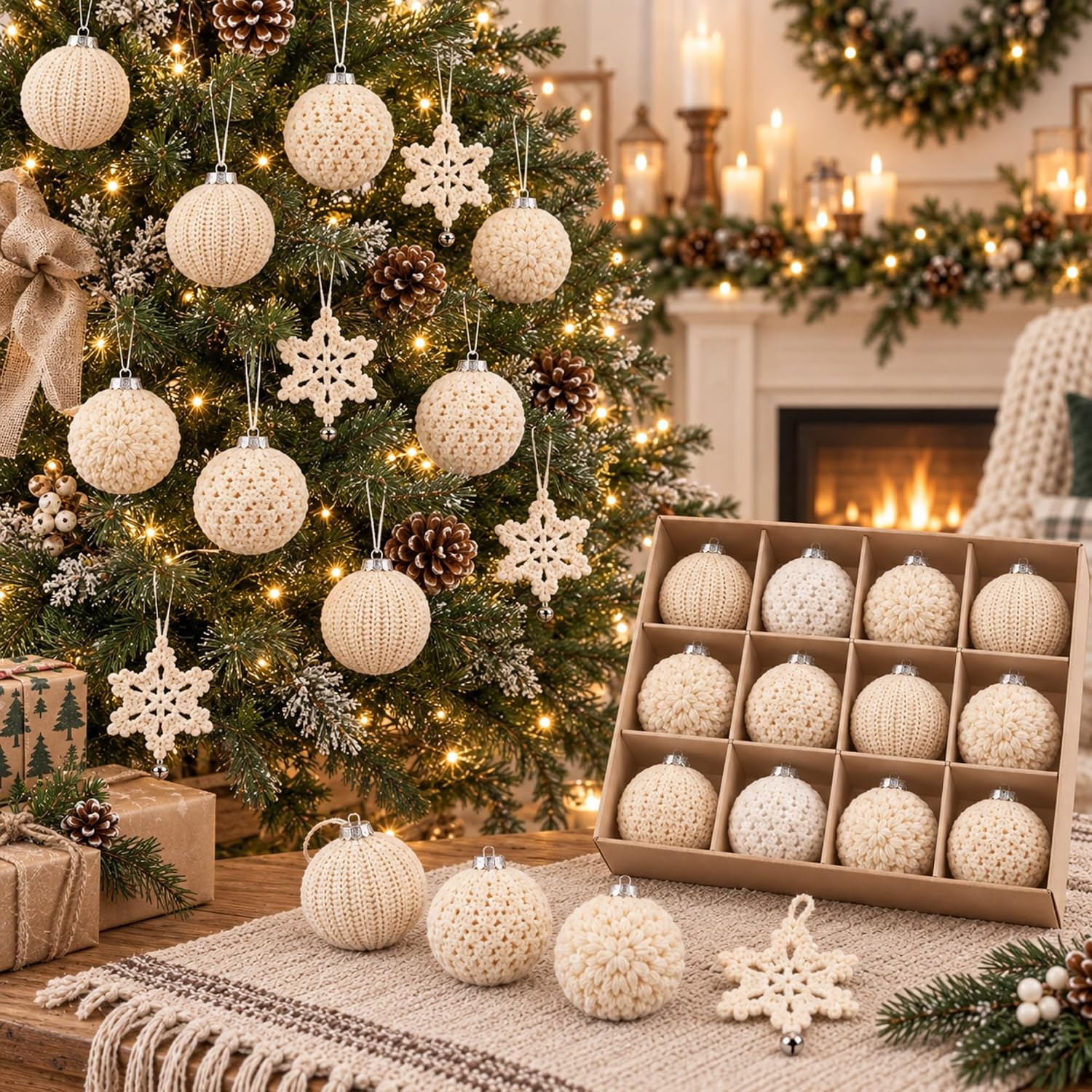 91eNWzzkLkL._AC_SL1500_.jpg 18 Set of handmade beige crocheted Christmas ornaments, featuring crocheted spheres and snowflake pendants in a vintage rustic style - Image 1