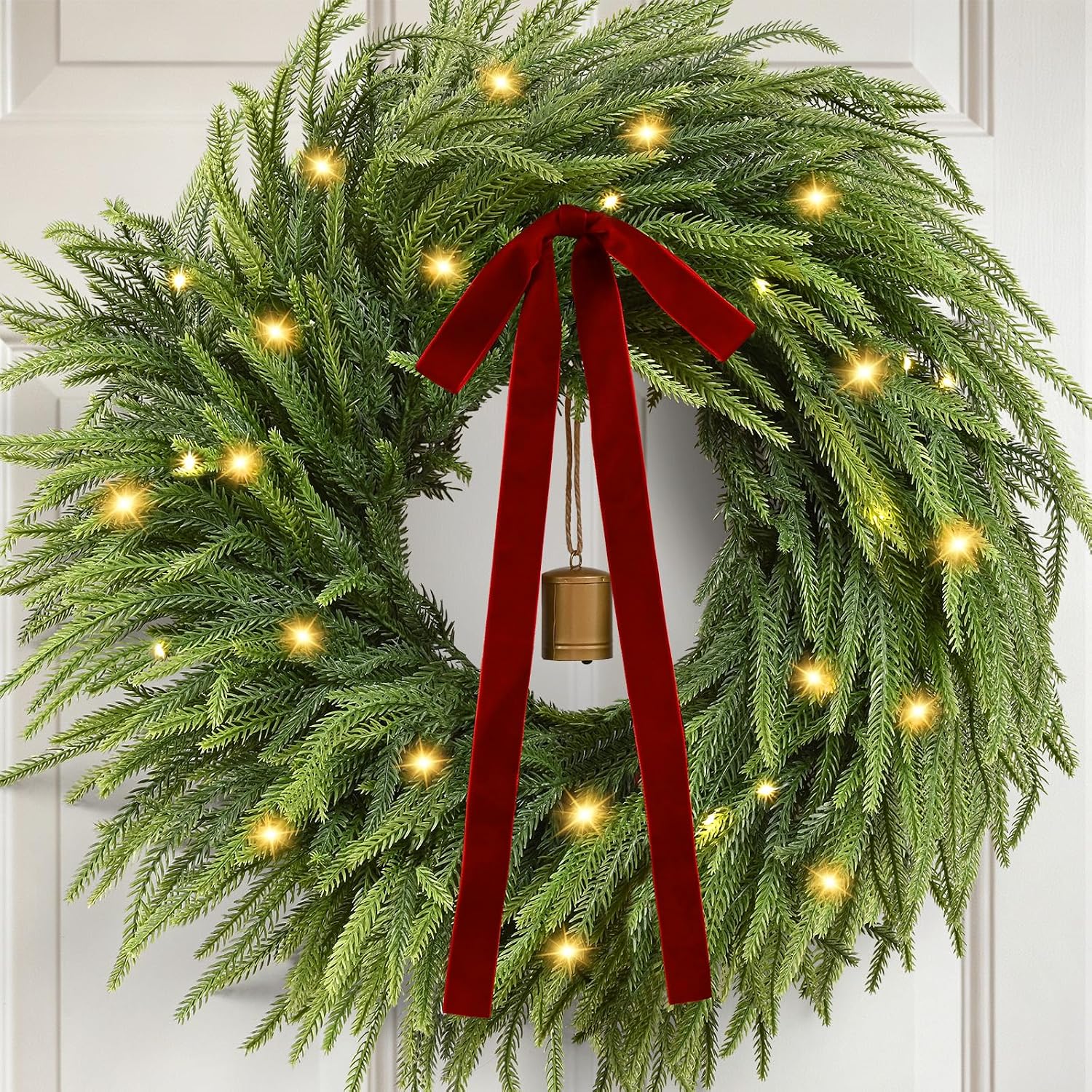 91uEwYVeihL._AC_SL1500_.jpg 24-inch Red and White Themed Pre-lit Christmas Door Wreath - Image 1