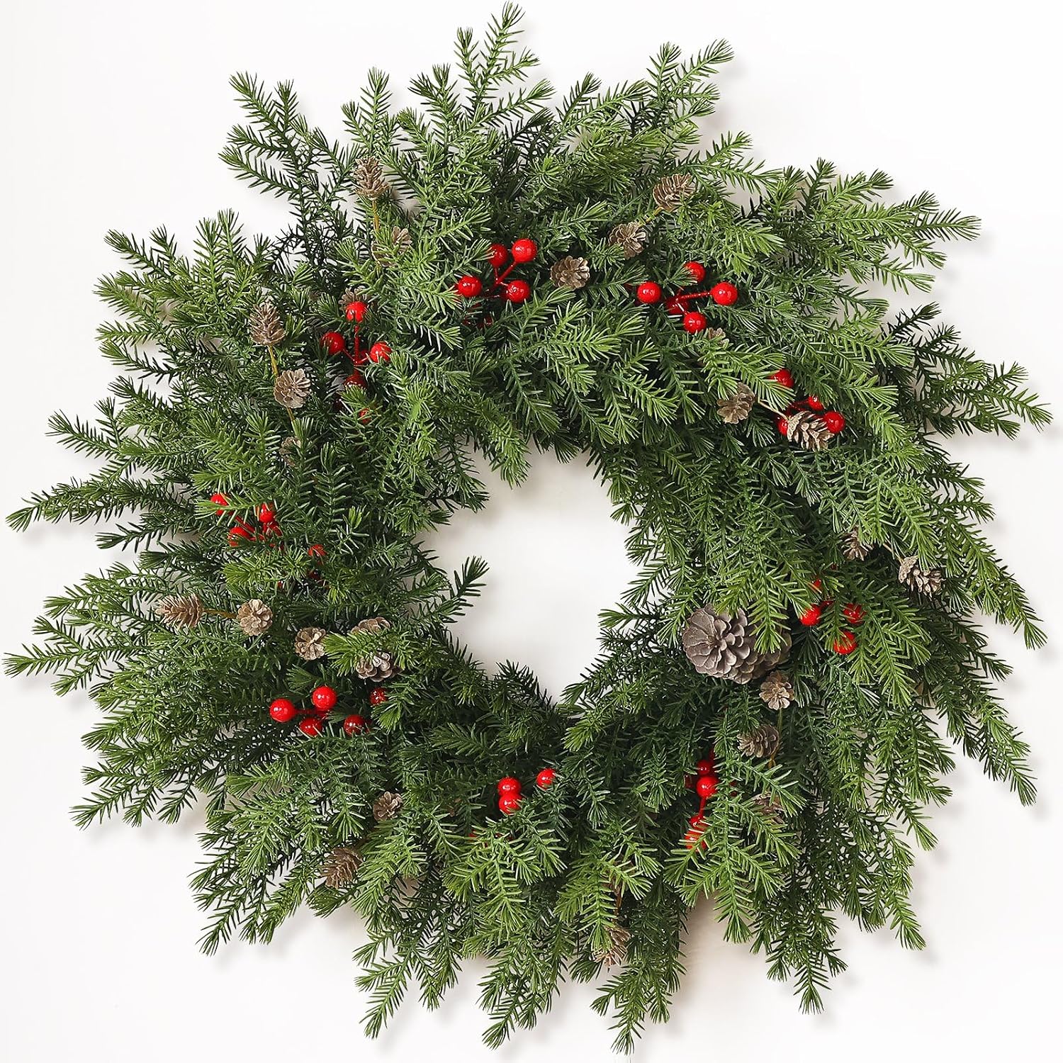 91zko94lZsL._AC_SL1500_.jpg 22-inch Handcrafted Pine Christmas Wreath, featuring red berries and pinecones—suitable for indoor or outdoor use - Image 1